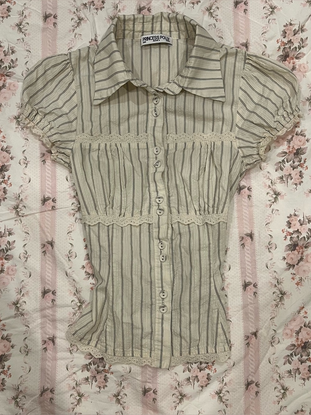 Princess Polly Cream and Gray Striped Button-Down Puff Sleeve Top
